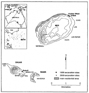 Location of excavation sites on Mer, Dauer and Waier Islands in the eastern Torres Strait (published in Australian Archaeology 52:51).